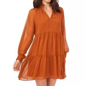 1. State Burnt Orange Long Sleeve Chiffon Mock Neck Dress 0989